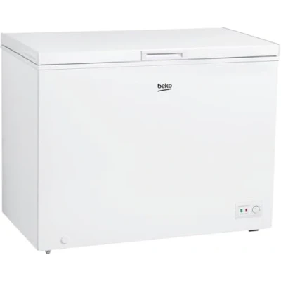 Abbildung von Beko CF316EWN Gefriertruhe, Kühltruhe, 308 l Nutzvolumen, 1 Gefriergutkorb, Temperaturalarm, Transportrollen, LED Anzeigesystem, 40 db(A), in unbeheizten Räumen nutzbar, Weiß