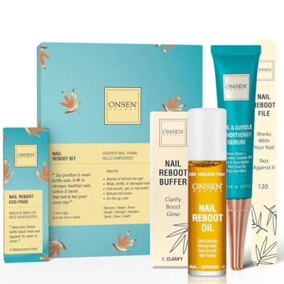 Abbildung von Onsen Secret Komplettes Nagel Neustart Set mit Öl 10ml, Nagelfeile 120/180 Körnung beidseitig, Ein 3 Wege Nagelbufferblock &amp; Nagelhautserum 15ml Nagelhautöl in Aktion