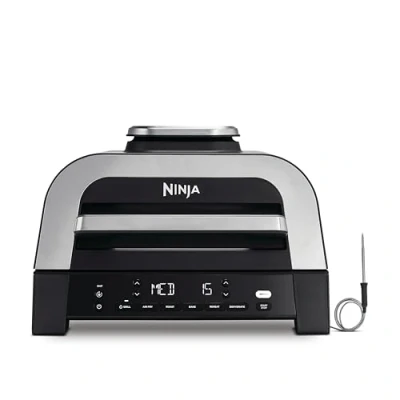 Abbildung von Ninja MAX 6 in 1 Grill &amp; Heißluftfritteuse für den Innenraum, Kochfunktionen, bis zu Burger, 3,8 l Fassungsvermögen, kaum Rauch, enthält digitales Bratthermometer, Grau/Silber, DG551EU