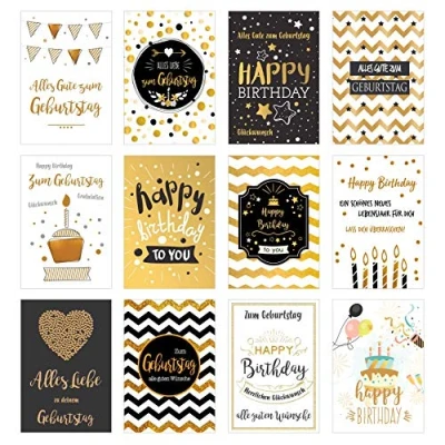 Abbildung von Edition Seidel Set 12 exklusive Premium Geburtstagskarten mit feiner Goldprägung und Umschlag. Glückwunschkarte Grusskarte Geburtstag Geburtstagskarte Mann Frau Karten Happy Birthday Billet Sprüche