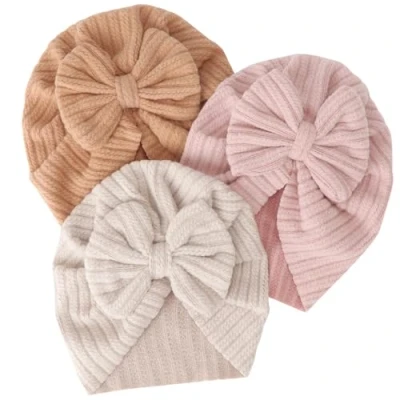 Abbildung von DRESHOW Neugeborenen Babymütze Weiche Dehnbare Baby Turban Mütze mit Schleife Säugling Mädchen Jungen Kindergarten Krankenhaus Beanie für Neugeborene Kleinkinder 3 Stück