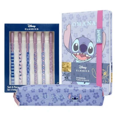 Abbildung von Disney Stitch Schreibwaren Set mit Notizbuch Stifte und Federmäppchen Schulschreibset Zubehör (Mehrfarbig 3er Set)