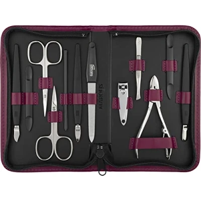 Abbildung von marQus Solingen Mega Maniküre Set Herren und Damen 12 teilig Nagelset mit allem was man für Pediküre braucht, in hochwertigem Echt Leder Etui