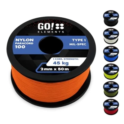 Abbildung von GO!elements 50m Paracord 2mm Seil aus reißfester Nylonschnur 100 Typ I Survival Schnur Reißfest bis 45kg geeignet als Allzweckseil, Reepschnur, Kordel, Maurerschnur, Farbe: Orange