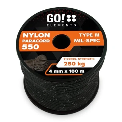 Abbildung von GO!elements 100m Paracord Seil aus reißfester Nylonschnur 4mm 550 Typ III Schnur Allzweckseil &amp; Reepschnur Max. 250kg, Farbe:Schwarz Reflektierend