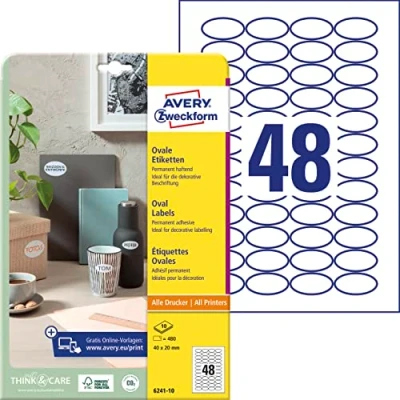 Abbildung von AVERY Zweckform 6241 10 ovale Etiketten (360 Klebeetiketten, 40x20mm auf A4, Aufkleber zum Bedrucken, selbstklebende Produktetiketten, permanent haftende Marmeladenetiketten) Blatt, weiß