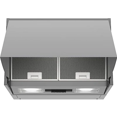 Abbildung von Bosch DEM66AC00 Serie 2 Zwischenbauhaube, 60 cm breit, Um &amp; Abluft, LED Beleuchtung gleichmäßige Ausleuchtung, Drucktastenschalter, 3 Leistungsstufen, Metallfettfilter spülmaschinengeeignet