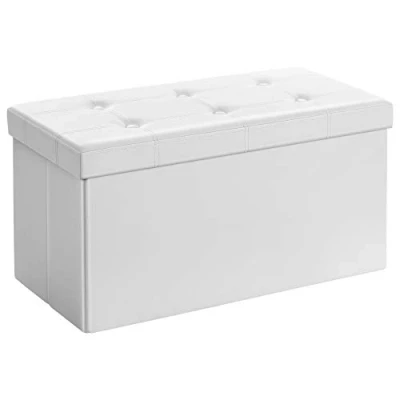 Abbildung von SONGMICS 76 cm Sitzbank mit Stauraum, Sitztruhe, Aufbewahrungsbox, Fußhocker, faltbar, gepolstert, Bezug aus Kunstleder, bis 300 kg belastbar, klassikweiß LSF106, Weiß