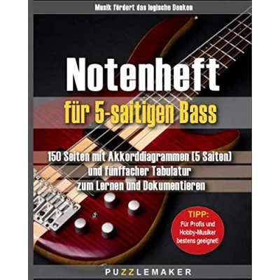 Abbildung von Notenheft für 5 saitigen Bass: 150 Seiten mit Akkorddiagrammen (5 Saiten) und fünffacher Tabulatur zum Lernen Dokumentieren