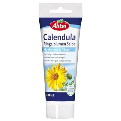 Abbildung von Abtei Calendula Ringelblumen Salbe schützende und pflegende bei rissiger spröder Haut mit Arnika Vitamin E Parfümfrei 1 x 100 ml Tube 100ml (1er Pack)