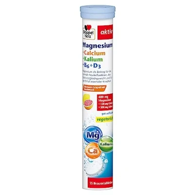 Abbildung von Doppelherz Magnesium + Calcium Kalium B6 D3 als Beitrag für die normale Muskelfunktion und den Erhalt normaler Knochen 15 vegetarische Brausetabletten