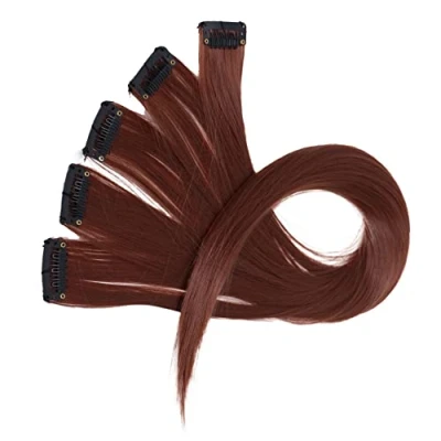 Abbildung von CAISHA 5 Teile Set 60cm Bunte Strähne Strähnchen Clip in Extension Haarverlängerung Glatt Langhaar Haarteil Rotbraun BST127