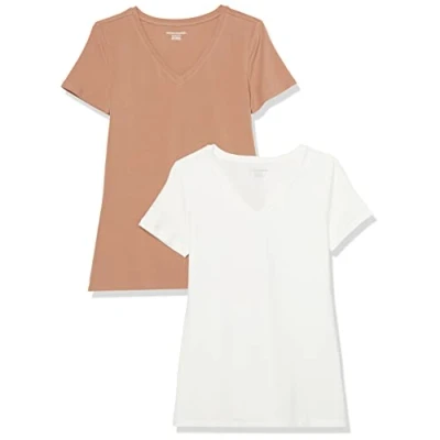 Abbildung von Amazon Essentials Damen T Shirt mit kurzen Ärmeln und V Ausschnitt in normaler Passform, 2er Pack, Hellbraun/Weiß, L