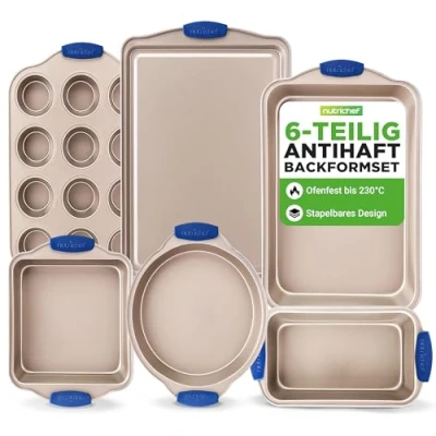 Abbildung von Nutrichef 6 teiliges Antihaft Backformen Set PFOA, PFOS, PTFE freie Karbonstahl Backbleche mit hitzesicheren Silikongriffen, ofenfest bis 230 C, runde und quadratische Pfannen, Plätzchenblech