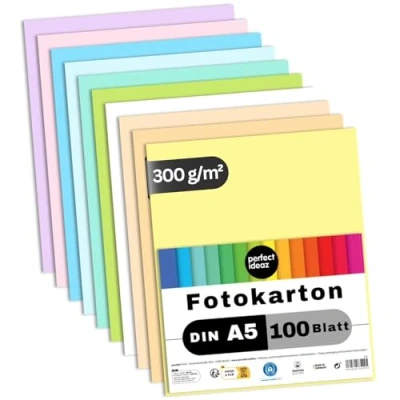 Abbildung von perfect ideaz 100 Blatt Fotokarton DIN A5, 10 Farben, 300 g/m², Made in Germany, Blauer Engel zertifiziert