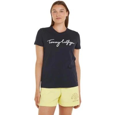 Abbildung von Tommy Hilfiger Damen T Shirt Kurzarm Rundhalsausschnitt, Blau (Desert Sky), XXS