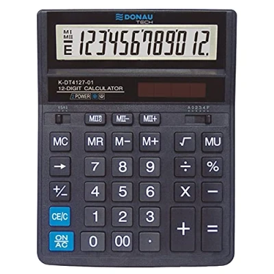 Abbildung von Tischrechner DONAU TECH/K DT4127 01 12 Stellig Wurzelfunktion/ 203x158x31mm/ Farbe: Schwarz/Rechner mit stelliger Anzeige/Dual Power Solar Batteriebetrieb/Kompaktes Design/ 5 Jahre Garantie