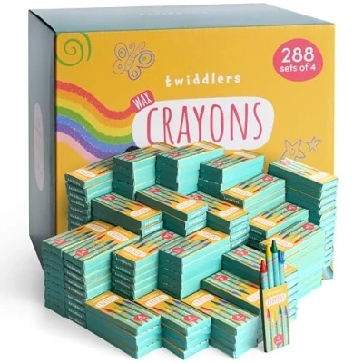 Abbildung von THE TWIDDLERS 288 Schachteln Wachsmalstifte für Kinder 4 Stifte pro Schachtel, 1.152 insgesamt gemischt farbig Schulklassen, Bulk Buntstifte Färbung Aktivität und Party Tasche Füller