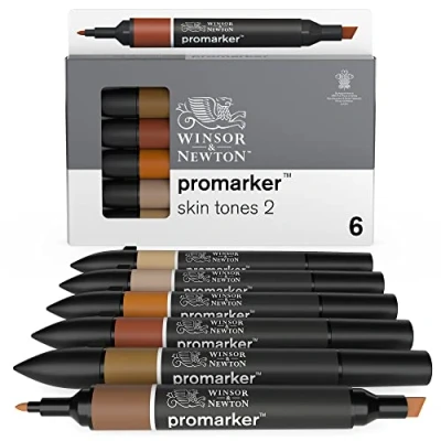 Abbildung von Winsor &amp; Newton 0290115 ProMarker, Professioneller Layoutmarker 2 Spitzen, fein und breit für Zeichnungen, Design Layouts 6 Farben Set Hauttöne