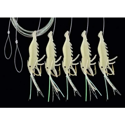 Abbildung von DEGA Makrelen Shrimp Vorfach, mit 5 Seitenarmen, attraktive Imitate, Länge 150cm, Schnur 0,50mm, Hakengröße 1/0, 2 Farben zur Auswahl (Luminous)