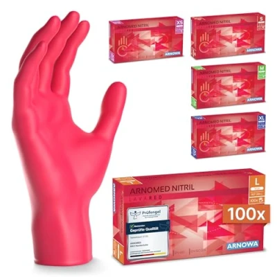 Abbildung von ARNOMED Einweghandschuhe Rot 100 Stück/Box, Nitrilhandschuhe L, Einmalhandschuhe, Handschuhe Einweg puderfrei, latexfreie Gummihandschuhe, in XS, S, M, L &amp; XL verfügbar