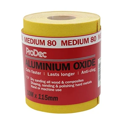 Abbildung von ProDec 10 m Rolle, mittlere, gelbes Aluminiumoxid Schleifpapier mit Körnung 80 zum Schleifen von Holz, Farbe, Putz, Spachtelmasse, Metall &amp; mehr; Schleifpapier, kompatibel Maschinenschleifern