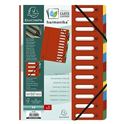 Abbildung von Exacompta 55125E Premium Ordnungsmappe Harmonika. Aus extra starkem Colorspan Karton DIN A4 12 Fächer und 2 Gummizüge mit Indexfenster dehnbarem Rücken Register Mappe rot
