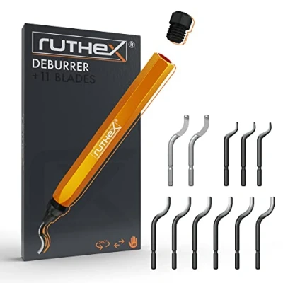 Abbildung von ruthex Entgrater inkl. 11 Klingen für Kunststoff, Metall, Edelstahl, Kupfer ideal im 3D Druck Handentgrater mit STAUFACH Griff 360 rotierende Entgraterklingen Bohrungen