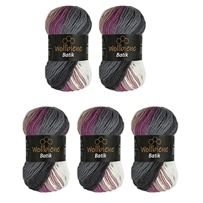 Abbildung von 5 x 100g Wollbiene Batik 500 Gramm Wolle mit Farbverlauf mehrfarbig Multicolor Strickwolle Häkelwolle (5400 dunkelgrau beere weiß)