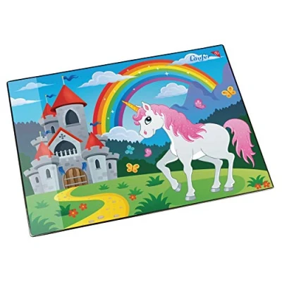 Abbildung von Läufer 46653 Schreibtischunterlage Einhorn, 53x40 cm, rutschfeste Schreibunterlage für Kinder, Zubehör Kinderschreibtisch, mit transparenter Seitentasche