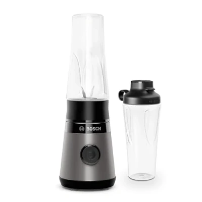 Abbildung von Bosch Mini Standmixer VitaPower Serie 2 MMB2111S, Highspeed Mixer, bis zu 40.000 rpm, Tritan ToGo Flasche 0,6 L, Trinkdeckel, bruchsicher,spülmasch.geeignete Teile, 450W, Silber/schwarz