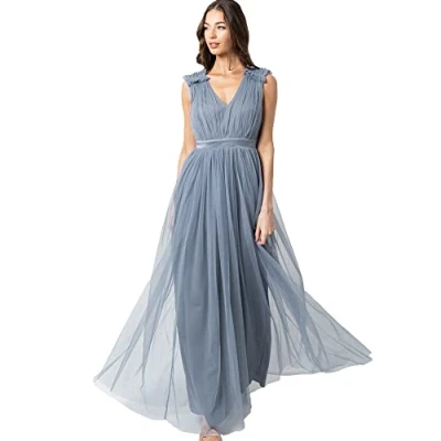 Abbildung von Maya Deluxe Damen Women&#039;s Maxi With Ruffle V Neck Sleeveless High Empire Waist Long Prom Guest Weddi Bridesmaid Dress, Dusty Blue, 44 EU