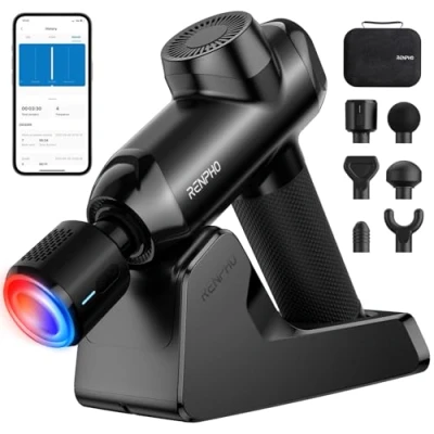 Abbildung von RENPHO Massagepistole mit Wärme und Kälte, Massage Gun Ladeständer Bluetooth, Massagegerät Tiefengewebe Percussion für Sportler Muskelentspannung, LED Touch Display, Power+ Thermacool Deluxe
