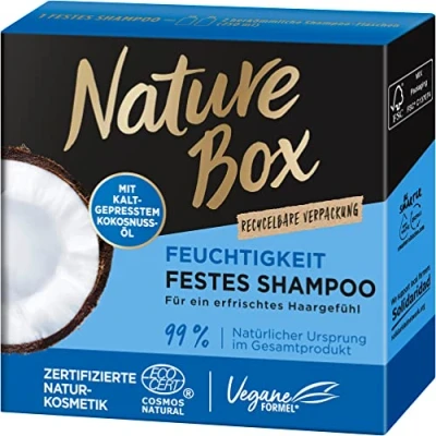 Abbildung von Nature Box festes Shampoo Feuchtigkeit (85 g), Haarshampoo mit Kokosnussöl spendet den Haaren bis in die Tiefe, Haarpflege recycelbarer Verpackung