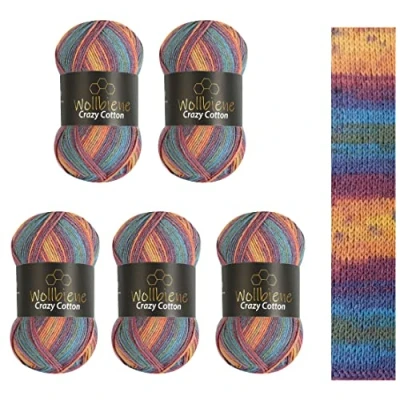 Abbildung von 5 x 100g Wollbiene Crazy Cotton Batik 500 Gramm mit Farbverlauf 55% Baumwolle mehrfarbig Multicolor Strickwolle Häkelwolle Wolle Ganzjahreswolle (5040 regenbogen pastell)