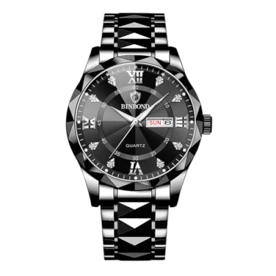 Abbildung von JewelryWe Herrenuhr Edelstahl Leuchtende Uhren: 30m Wasserdicht Kalender Analog Quarz Armbanduhr Herren Schwarz Edelstahlarmband Geschäft Lässige Uhr mit Römischen Ziffern Diamantskala &amp; Leuchtzeiger