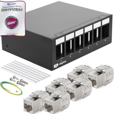 Abbildung von HB DIGITAL 6 Port Patchpanel Patchfeld Verteilerfeld 1 HE 6x CAT 8 RJ45 Keystone Jack Modul GHMT Zertifiziert vollgeschirmt STP 40 Gbps Kompatibel mit Verlegekabel Netzwerkkabel LAN Schwarz