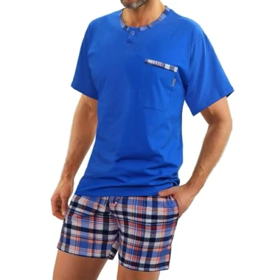 Abbildung von sesto senso Herren Schlafanzug Kurz Pyjama Baumwolle Kurzarm T Shirt Pyjamahose Zweiteilig Set hell blau neon L Jasiek Chaber