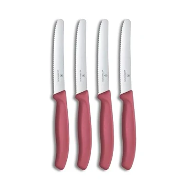 Abbildung von Victorinox Swiss Classic Frühstücksmesser, Brötchenmesser, Set 4teilig, Scharfe Klinge, Wellenschliff, 11 cm, Rostfreier Stahl, rot