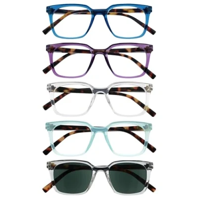 Abbildung von OPULIZE KOI Lesebrille &amp; Sonnenleser 5er Pack Rechteckiges Gestell Schwarz Violett Klar Aqua Damen Herren Federscharniere RRRRS50 35CQC +2.50