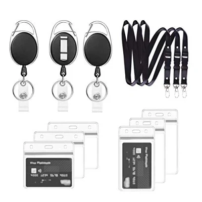 Abbildung von Einziehbarer Ausweishalter und Lanyard mit Kartenhalter, 3 Set Lanyard, Schlüsselband Ausziehbar Durchsichtigen Wasserdichten Ausweishülle, für Schlüssel,ID Card Holder (Schwarz B03)