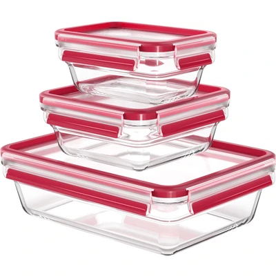 Abbildung von Emsa N10509 Clip &amp; Close Glas Frischhaltedosen Set 3 teilig 0,45/0,8/2 L stapelbar gefrierfest backofenfest mikrowellenfest 100% dicht spülmaschinenfest Transparent/Rot