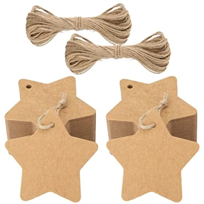 Abbildung von Geschenkanhänger Weihnachten Stern Anhänger Kraftpapier Etiketten, 100 Stück Braun Tags mit Jute Schnur, für Weihnachtsgeschenke Dekoration