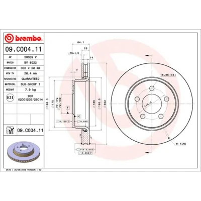 Abbildung von BREMBO 09.C004.11 Bremsscheibe 302 28 5 innenbelüftet beschichtet JEEP: Cherokee IV, Compass, DODGE: Nitro Off Road