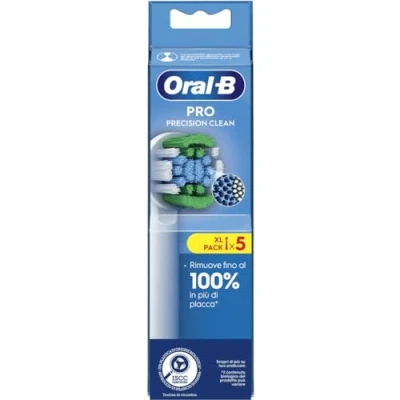 Abbildung von Oral B Precision Clean elektrische Zahnbürstenköpfe, Packung mit 5 Ersatzbürsten, 3 Arten von Borsten für eine präzise und aufhellende Reinigung, Anzeige der Verwendung des Bürstenkopfes