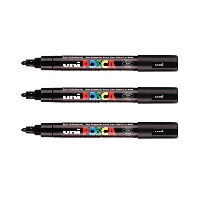 Abbildung von POSCA Mitsubishi Pencil 3 schwarze Marker, PC5M, konische Spitze, mittlere Marker auf Wasserbasis für Papier, Textilien, Glas, Kieselstein, Holz etc.