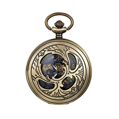 Abbildung von JewelryWe Taschenuhr Automatik Mechanische Herren Retro Hohle Wolken Römischen Ziffern Steampunk Skelett Uhr mit Kette