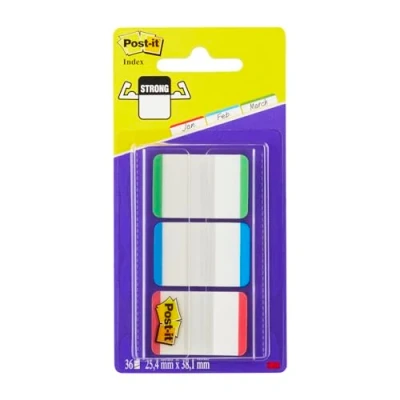 Abbildung von Post it Index Strong Ablagetabs, Standard, Rot, Blau und Grün, 66 Haftstreifen 25.4 mm x 38.1 Markierungsstreifen für Dokumente Notizen