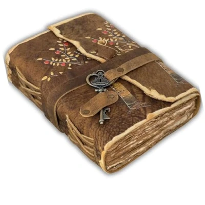 Abbildung von Urban Leather Baum des Lebens, Herzblätter, Schlüssel Tagebuch mit rustikalen, alten, antiken Büttenrandseiten, Vintage Notizbuch Ledereinband, bedrucktes Tagebuch, leeres, unliniertes Papier