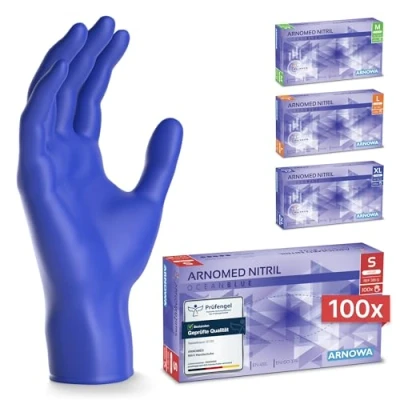Abbildung von ARNOMED Einweghandschuhe Dunkelblau 100 Stück/Box, Einmalhandschuhe S, Nitrilhandschuhe, Handschuhe Einweg puderfrei, latexfreie Gummihandschuhe, in M, L &amp; XL verfügbar